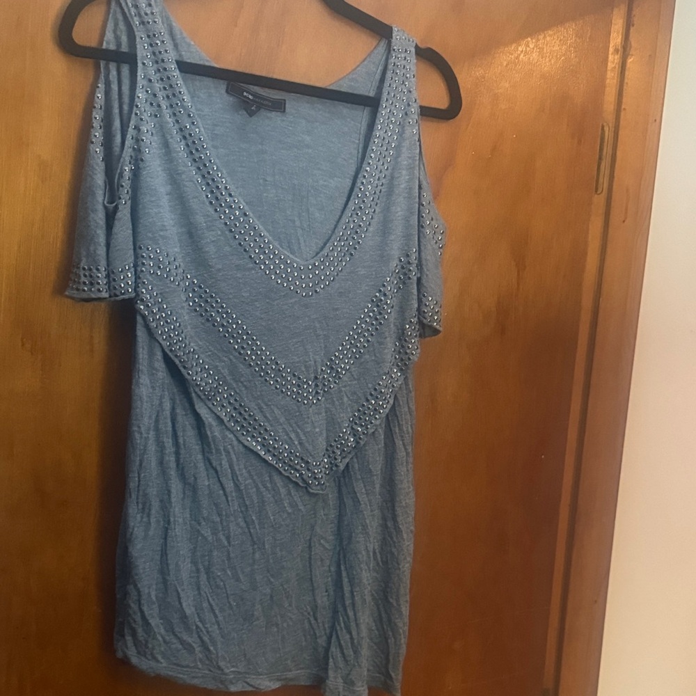 BCBG Grey Cold Shoulder Top with Studded Details